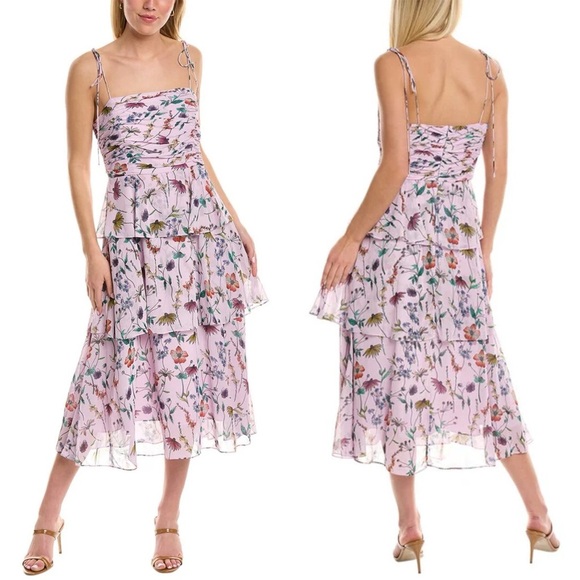 NWT AMUR Acacia Lilac Lily Wildflower Floral Tie Strap Ruffle Dress Size 14 - Picture 2 of 11